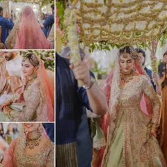 This collage captures the essence of a royal bridal entry. The bride walks gracefully under an intricate 'phoolon ki chadar' made of delicate jasmine flowers, a traditional and elegant start to her wedding ceremony.