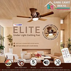 This is my Lazer Elite Under Light Ceiling Fan, a perfect blend of style and function. It features an antique copper finish with rosewood blades, a silent BLDC motor, and an integrated light with adjustable intensity to create the perfect ambiance.