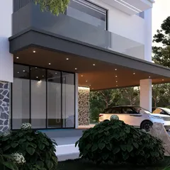 The entrance of an exquisite modern villa, featuring a mix of stone cladding and smooth white walls under a welcoming portico. This design focuses on creating a sophisticated first impression.