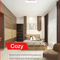 This cozy bedroom design creates a warm and welcoming space that makes you feel at home. The combination of wood tones, rattan-detailed wardrobe doors, and soft lighting results in a comfortable and stylish retreat.