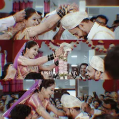 A collage of happy moments from a wedding ceremony. It shows the fun of the varmala exchange and the blessings from family, capturing the dynamic energy of the event.