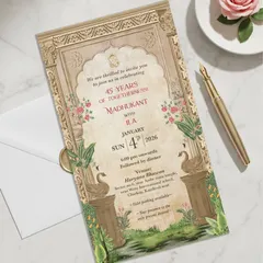 A timeless design for a timeless love. This elegant 45th-anniversary invitation features a beautiful, classic design with royal Rajasthani architecture, swans, and delicate florals.