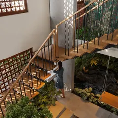 An overhead view of the courtyard, showing the interplay of light and shadow created by the jali screen windows.