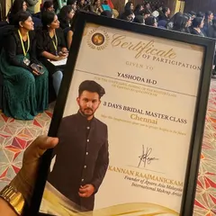 Proudly holding my certificate of participation from the bridal masterclass in Chennai. I am always investing in my skills to be a better teacher for you.
