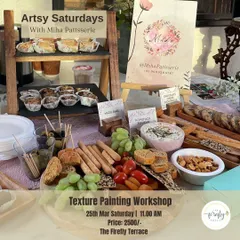 Join us for an Artsy Saturday featuring a texture painting workshop, complete with delicious finger food from a local patisserie. You'll learn gold foiling techniques and create two beautiful canvases from scratch.