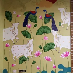 Another view of the Pichwai wall art, this time with beautiful peacocks joining the sacred cows among the lotus flowers. This was a lovely project in Namma Bengaluru.