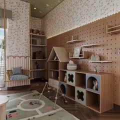 Storage can be playful. Here, a house-shaped shelving unit and cubbies with geometric cutouts offer a fun way to organize toys. The large pegboard wall provides a flexible display for shelves and art, adapting as the child's needs change.