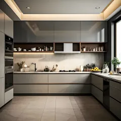 I designed this modular kitchen with a sleek, contemporary aesthetic. It features handleless, high-gloss grey cabinets for a clean look, complemented by open wooden shelving and under-cabinet lighting that highlights the marble backsplash and provides excellent task lighting.