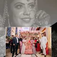 A creative album layout blending a black and white close-up of the bride with a color photo of her entrance with family.