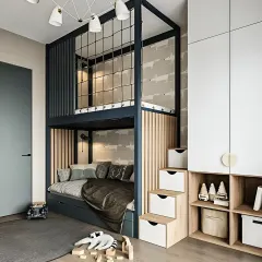 For this child's bedroom, I maximized a small footprint with a custom-built bunk bed. The design includes a lower bed with pull-out storage drawers, a safe upper bunk with a playful rope net, and integrated stairs that double as drawers for toys and clothes.