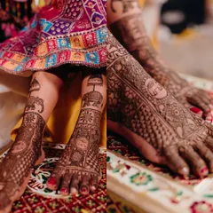 A close-up collage of a bride's intricate mehendi design, showcasing the beautiful details on her feet.