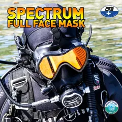 The OTS Spectrum Full Face Mask, shown here with its distinctive orange-tinted lens, offers an ultra-wide field of vision. Its single-pane, low-profile design enhances situational awareness, making it ideal for exploration and underwater work.