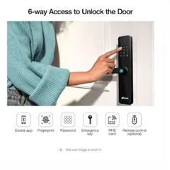 A user interacts with the IRIS-11 smart lock's keypad. This model offers six access methods, including the Ozolok app, fingerprint, password, emergency key, RFID card, and an optional remote control.