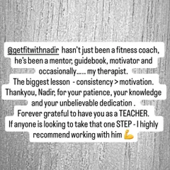 A powerful testimonial where a client calls me a mentor, guidebook, and therapist, highlighting the lesson of "consistency > motivation." This is the core of my philosophy.