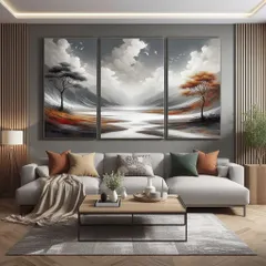 A triptych, or a three-panel artwork, can create a stunning panoramic effect. This serene landscape composition brings a sense of calm and expansiveness to the living room, showing how multi-panel art can define a large wall.