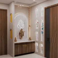 A 3D design proposal for a Mandir, featuring an intricate back panel with a "Ganesha" motif and a series of decorative arches on the side wall. This option creates a deep, traditional, and visually rich sacred space.