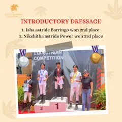 Celebrating our winners at the Karnataka State Equestrian Competition. Here, our riders Isha and Nikshitha stand proud on the podium after their success in the Introductory Dressage category.