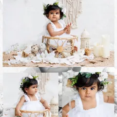A collage of portraits from the bohemian baby shoot, showcasing different angles and her adorable expressions.