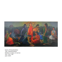 Titled 'Bhaarat Maata,' this is a significant 84 by 180-inch acrylic on canvas from 2024. The painting is a complex narrative about the contribution of tribal communities to contemporary India, weaving together figures and symbols to represent a collective identity and struggle.