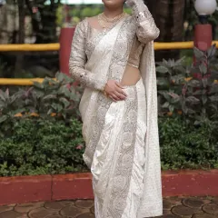 Embracing my Maharashtrian roots with this elegant white Nauvari saree. The unique dhoti-style drape and detailed silver work offer a beautiful blend of tradition and modern grace.