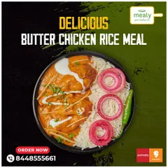 Our Butter Chicken Rice Meal is pure happiness in a bowl. We cook tender chicken in a rich, creamy tomato gravy and serve it with fluffy basmati rice. It's a classic North Indian comfort food favourite, perfect for a satisfying office lunch or dinner.