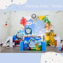 A unique crossover theme combining Thomas the Train and Simba from The Lion King for a fourth birthday, showing how I can merge two of your child's favorite worlds.
