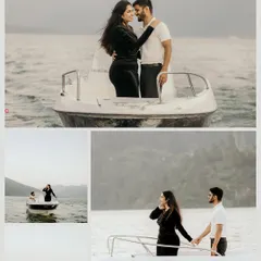 A collage showing the couple enjoying their private boat ride, creating a story of a romantic escape on the water.