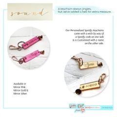 My personalized Spotify keychains are available in mirror pink, gold, and silver. They feature a name on one side and a scannable song code on the other, and I even add a little bell for an extra jingle.