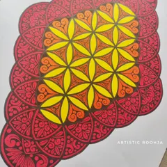 A finished, colorful mandala featuring the "Flower of Life" geometric pattern. In the course, you'll learn how to fill these sacred geometry patterns with intricate details and color gradients.