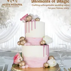 Layers of love, moments of magic. This two-tiered cake features a pink ombre design, a raspberry-pink drip, and is adorned with golden spheres and fresh white roses for a playful yet elegant look.
