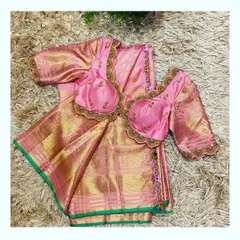 Creating matching mother-daughter outfits is one of my favorite things to do. Here is a complete set I designed, featuring a traditional pink and gold silk saree with two perfectly coordinated, hand-embroidered blouses for both mother and child. It’s a wonderful way to celebrate family bonds during festive seasons.