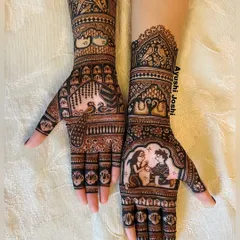The full view of the Istanbul proposal mehendi. One hand features the romantic moment, while the other is adorned with traditional peacock and architectural patterns for a balanced bridal look.