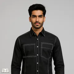 A portrait shot that clearly shows the pattern of the white stitching and the sharp cut of the collar. This is a perfect example of a smart casual designer shirt.