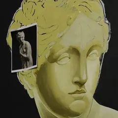 Here is the painting in progress, with the original reference photo of the sculpture visible. This shows how I translate a 3D object into a 2D artwork.