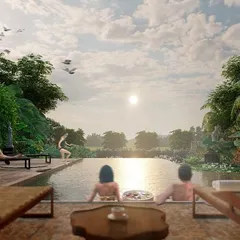 An aspirational view from the Calangute Villa's living space, looking out over the pool towards the sunset. This render captures the essence of luxury tropical living that I aim to create for my clients.