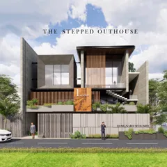 A frontal perspective of 'The Stepped Outhouse' render. This view clearly shows the buttress walls and the integration of greenery at multiple levels, creating a seamless connection between the built form and the landscape.