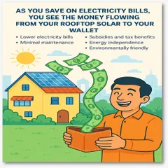 This illustration shows exactly how a rooftop solar plant works for your finances. It leads to lower bills, government subsidies, and tax benefits, putting money back into your wallet.