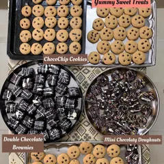Spreading happiness through my yummy sweet treats. Here are trays of freshly baked ChocoChip Cookies, Double Chocolate Brownies, and Mini Chocolaty Doughnuts.