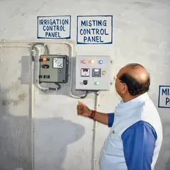 The Honourable LG of Delhi, Shri V.K. Saxena, personally inspecting the system's control panel. This central unit manages the entire misting operation, showcasing the automated and reliable nature of my pollution control solution. His involvement underscores the project's success and importance.