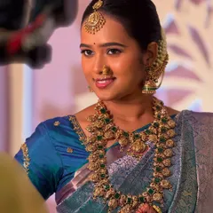 This is a complete raw picture of my beautiful bride Swathy from Chidambaram. Her subtle Muhurtham makeup allows her natural glow to shine through, perfectly paired with antique gold jewellery and a classic bridal updo.