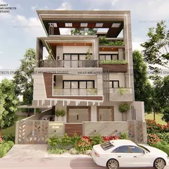 This is the 3D render for an upcoming modern villa in Noida. It showcases the clean lines, material interplay, and landscape integration that define my contemporary architectural style.