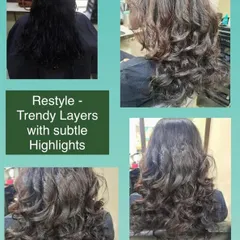 A restyle featuring trendy layers with subtle highlights. The highlights are woven through the hair to add depth and the illusion of volume, perfectly complementing the new cut.