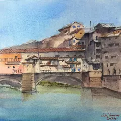 This is the Ponte Vecchio bridge over the Arno River in Florence, painted with my favorite Daniel Smith watercolors. I developed this 12x12 painting on Baohong cold press paper from a smaller sketch I had made.