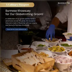 In celebration of a globetrotting groom, we created a live station for Burmese Khowsuey. This creamy and flavorful noodle soup from Myanmar gave guests a taste of the family's adventures.