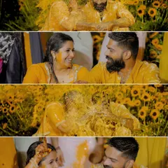 A four-part story of the Haldi celebration, from playful splashes to loving glances. This collage encapsulates the range of emotions experienced during the event.