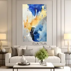 I love creating custom abstract art that transforms a space. This large-scale piece uses a dynamic blend of blues and textured gold leaf to add a touch of sophisticated energy, perfect for a modern home.