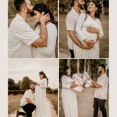 This collage shows the variety we can capture in a single outdoor session. From tender kisses to playful moments with props, we tell the full story of your excitement.