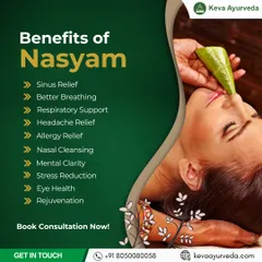 Nasyam is a powerful therapy for clearing the head and neck region. It provides relief from sinus issues, headaches, and allergies while improving mental clarity, reducing stress, and promoting better breathing.