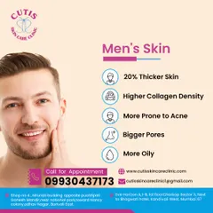 This graphic highlights the unique characteristics of men's skin, which is typically thicker, more oily, and has a higher collagen density. We customize our treatments to address these specific traits for optimal results.