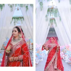 A collage of the bride on her wedding day. It showcases her serene moments and her grand entrance, highlighting the beauty of her red bridal saree.